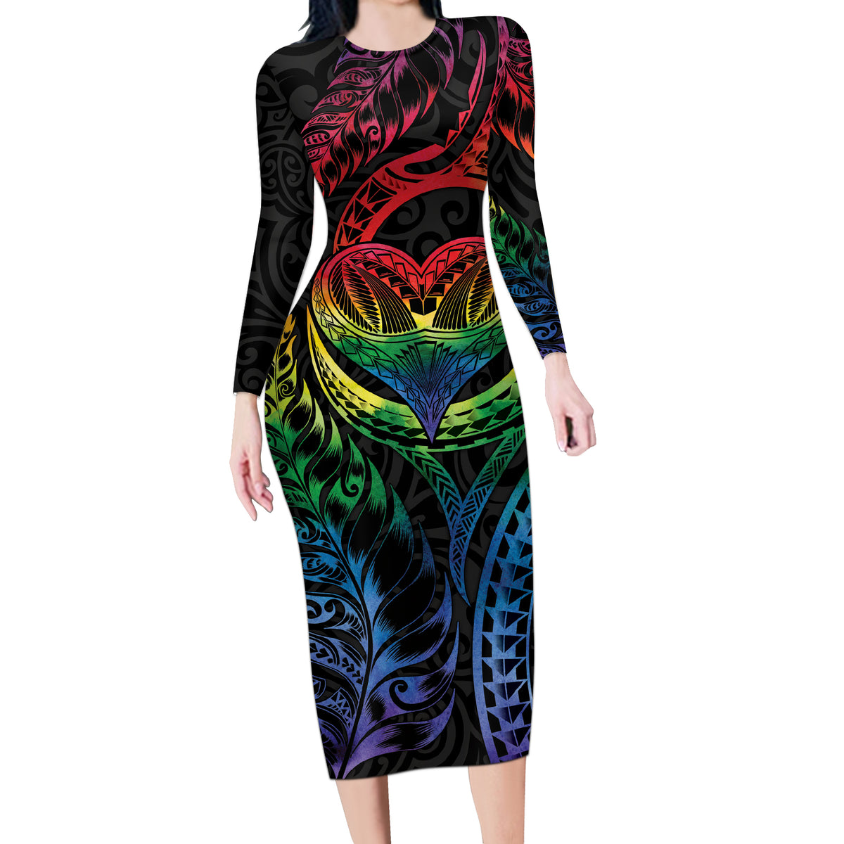 New Zealand Pride Long Sleeve Bodycon Dress Takatapui Rainbow Fern LT7 Long Dress Colorful - Polynesian Pride