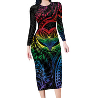 New Zealand Pride Long Sleeve Bodycon Dress Takatapui Rainbow Fern LT7 Long Dress Colorful - Polynesian Pride