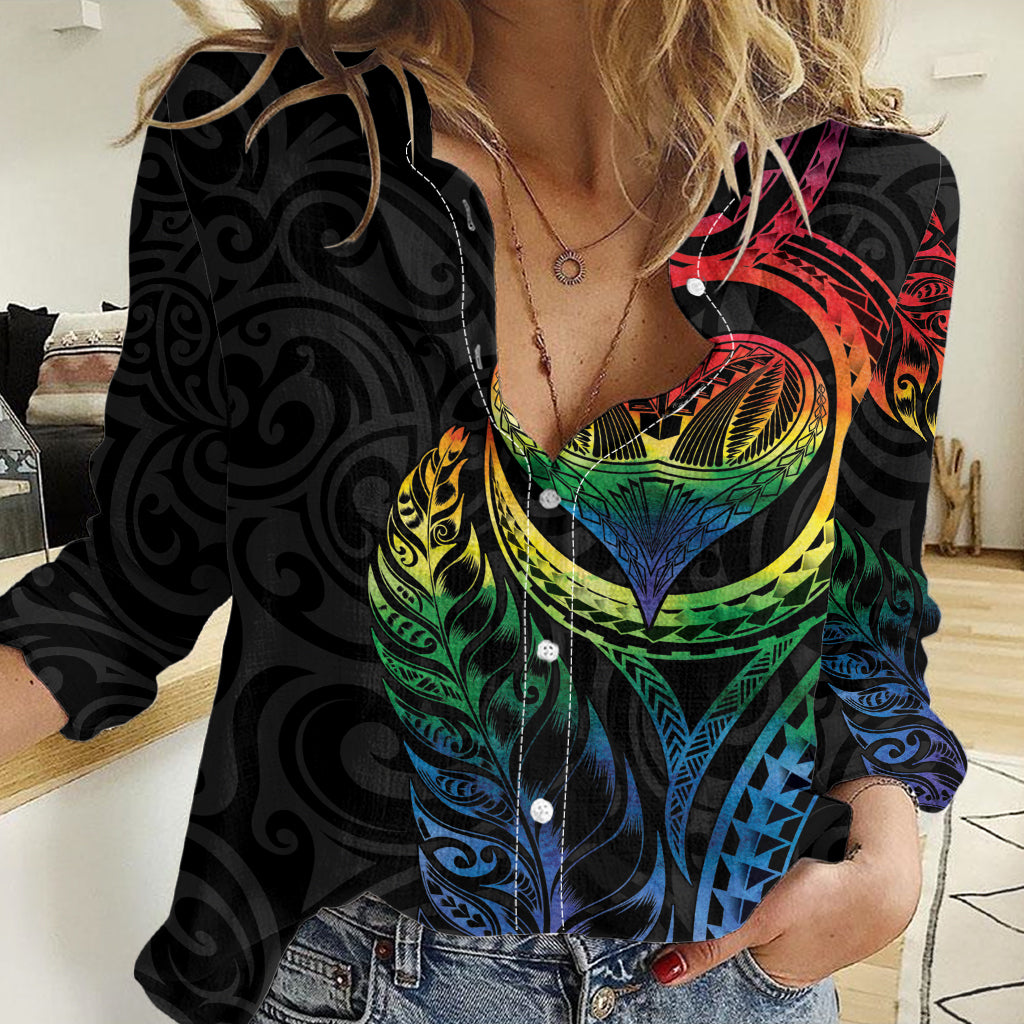 New Zealand Pride Women Casual Shirt Takatapui Rainbow Fern LT7 Female Colorful - Polynesian Pride