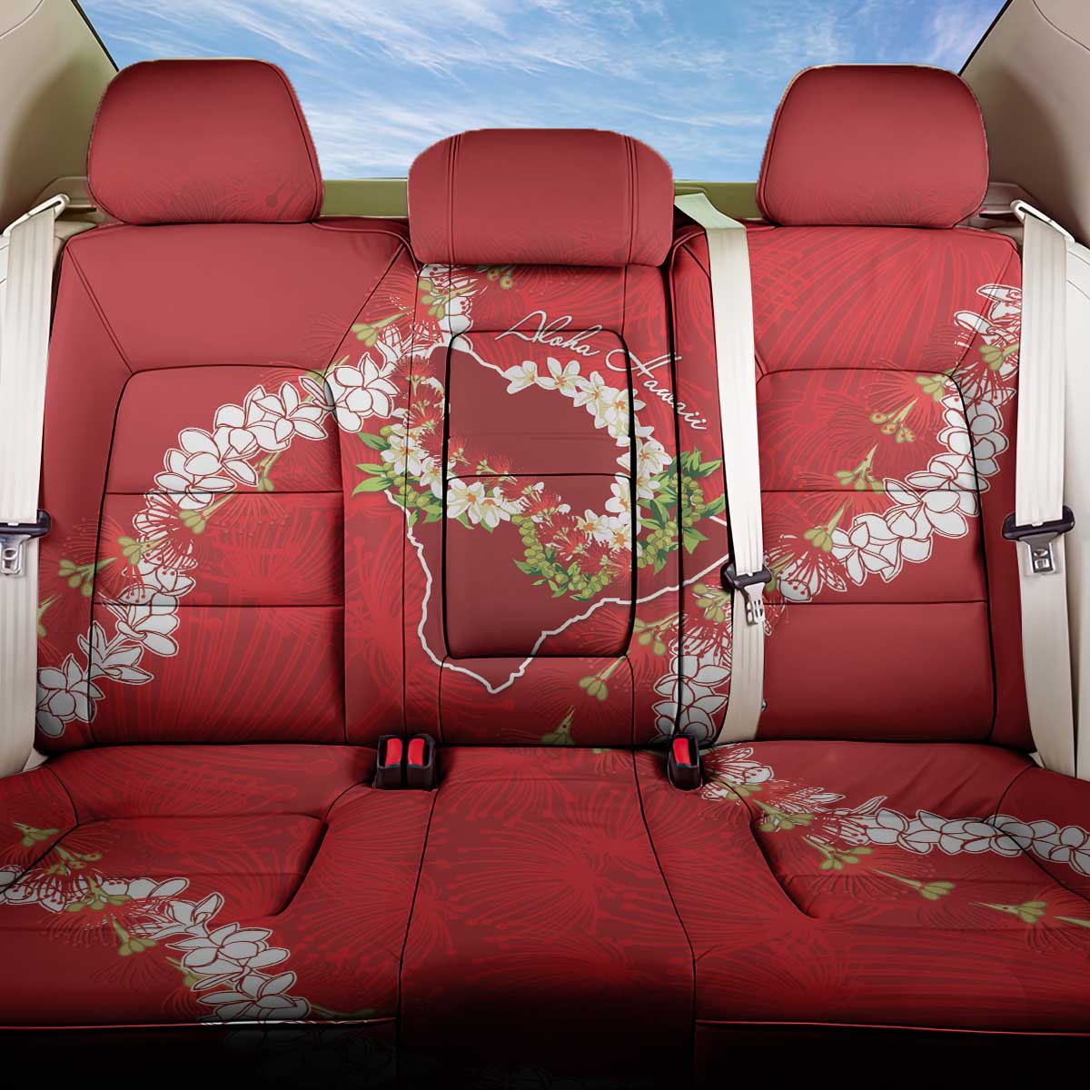 Hawaii Island Flowers Lei Back Car Seat Cover Ohia Lehua Scarlet Red