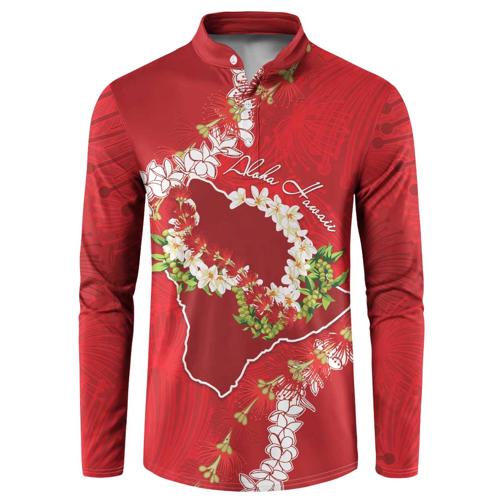Hawaii Island Flowers Lei Button Sweatshirt Ohia Lehua Scarlet Red