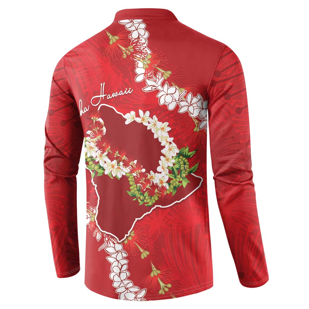 Hawaii Island Flowers Lei Button Sweatshirt Ohia Lehua Scarlet Red