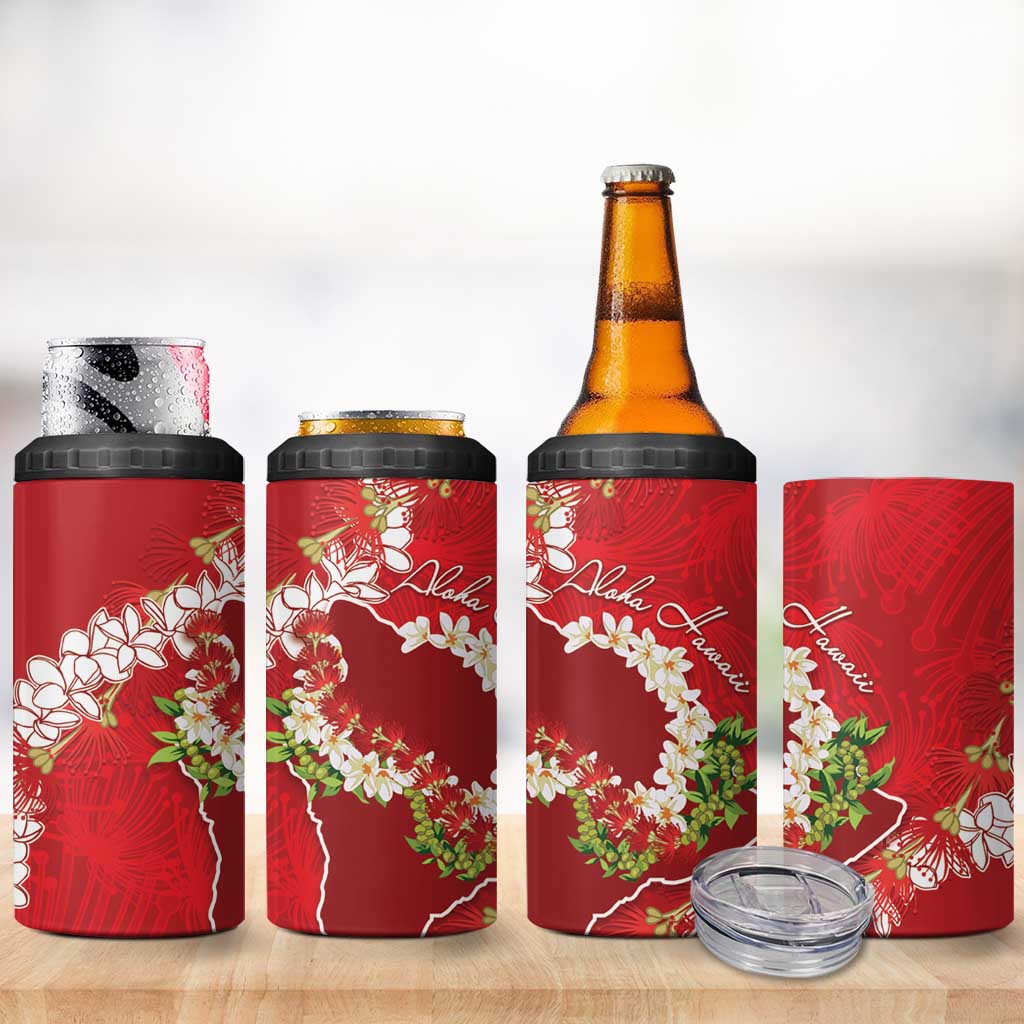Hawaii Island Flowers Lei 4 in 1 Can Cooler Tumbler Ohia Lehua Scarlet Red LT7 - Polynesian Pride