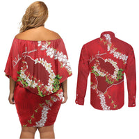 Hawaii Island Flowers Lei Couples Matching Off Shoulder Short Dress and Long Sleeve Button Shirt Ohia Lehua Scarlet Red LT7 - Polynesian Pride