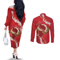 Hawaii Island Flowers Lei Couples Matching Off The Shoulder Long Sleeve Dress and Long Sleeve Button Shirt Ohia Lehua Scarlet Red LT7 - Polynesian Pride