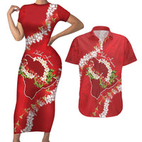 Hawaii Island Flowers Lei Couples Matching Short Sleeve Bodycon Dress and Hawaiian Shirt Ohia Lehua Scarlet Red LT7 Red - Polynesian Pride