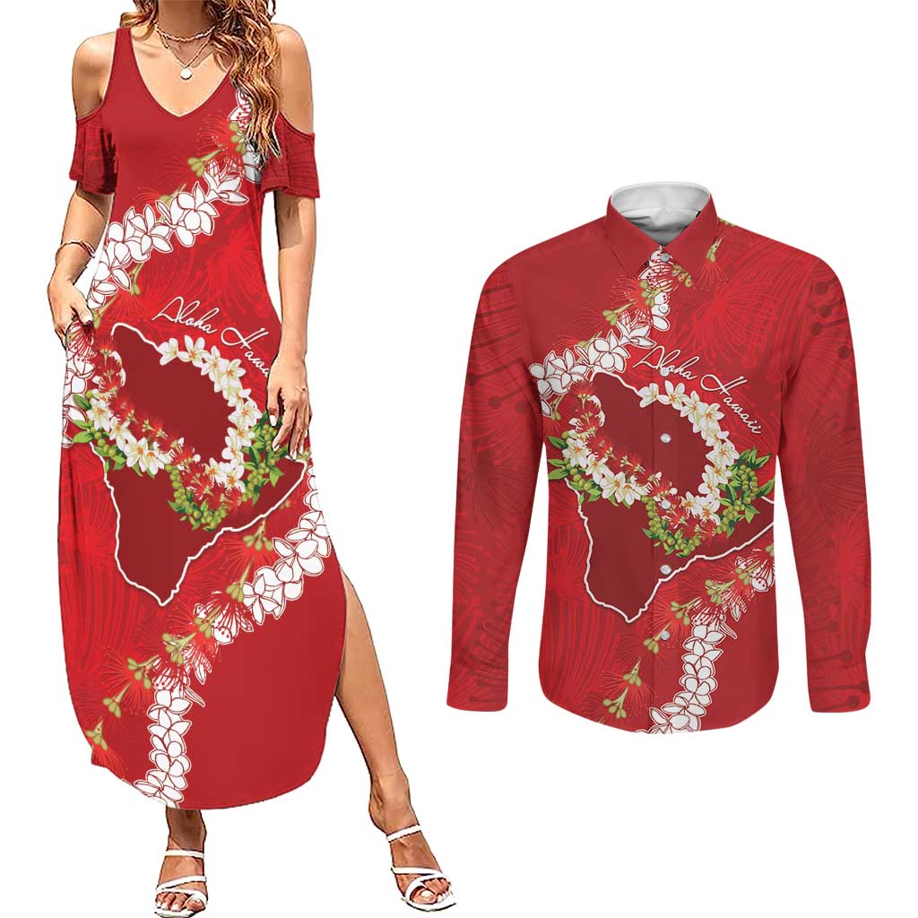 Hawaii Island Flowers Lei Couples Matching Summer Maxi Dress and Long Sleeve Button Shirt Ohia Lehua Scarlet Red LT7 Red - Polynesian Pride