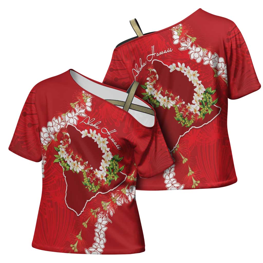Hawaii Island Flowers Lei Cross Shoulder Shirt Ohia Lehua Scarlet Red