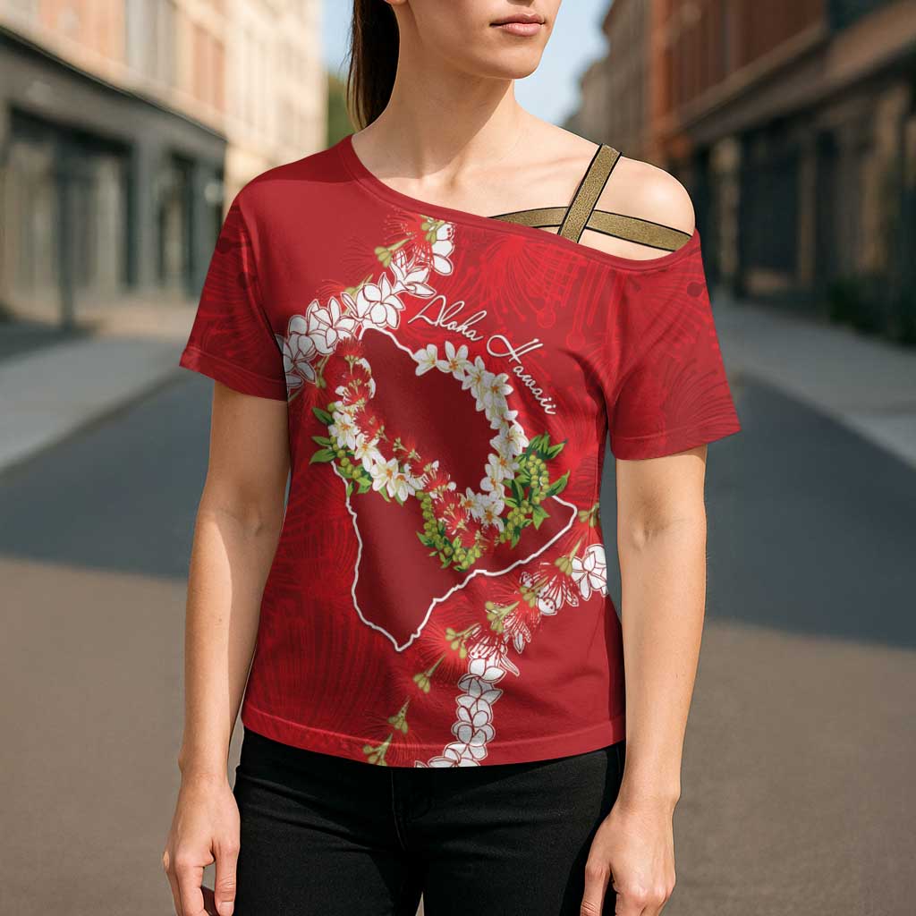 Hawaii Island Flowers Lei Cross Shoulder Shirt Ohia Lehua Scarlet Red