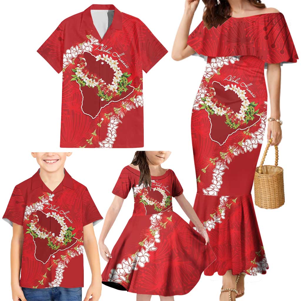 Hawaii Island Flowers Lei Family Matching Mermaid Dress and Hawaiian Shirt Ohia Lehua Scarlet Red LT7 - Polynesian Pride