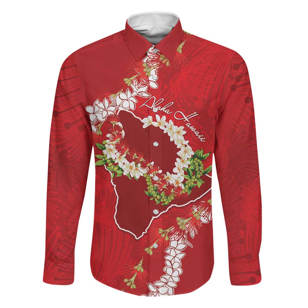Hawaii Island Flowers Lei Family Matching Mermaid Dress and Hawaiian Shirt Ohia Lehua Scarlet Red LT7 Dad's Shirt - Long Sleeve Red - Polynesian Pride