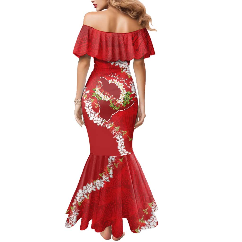 Hawaii Island Flowers Lei Family Matching Mermaid Dress and Hawaiian Shirt Ohia Lehua Scarlet Red LT7 - Polynesian Pride