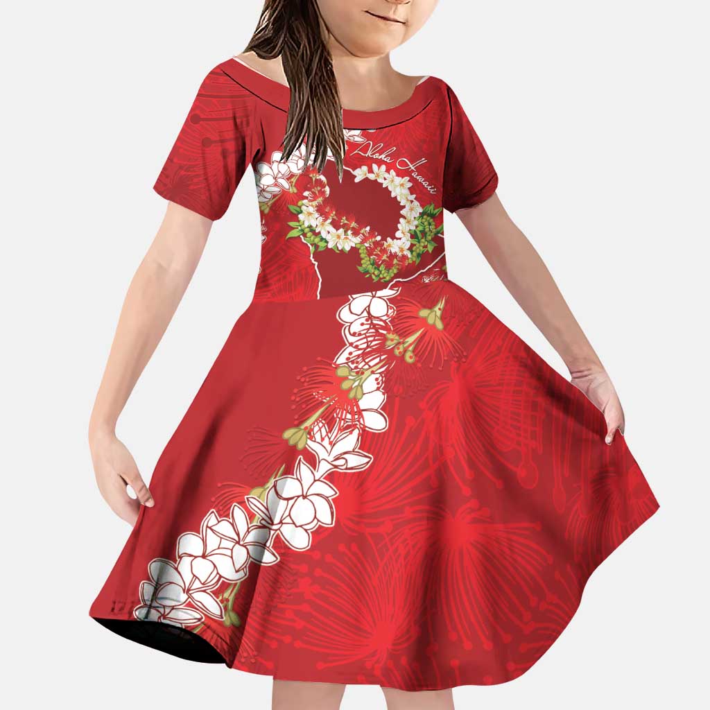 Hawaii Island Flowers Lei Family Matching Off The Shoulder Long Sleeve Dress and Hawaiian Shirt Ohia Lehua Scarlet Red LT7 Daughter's Dress Red - Polynesian Pride