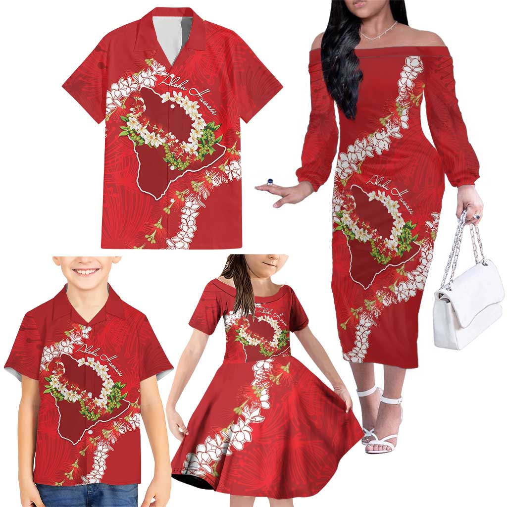 Hawaii Island Flowers Lei Family Matching Off The Shoulder Long Sleeve Dress and Hawaiian Shirt Ohia Lehua Scarlet Red LT7 - Polynesian Pride