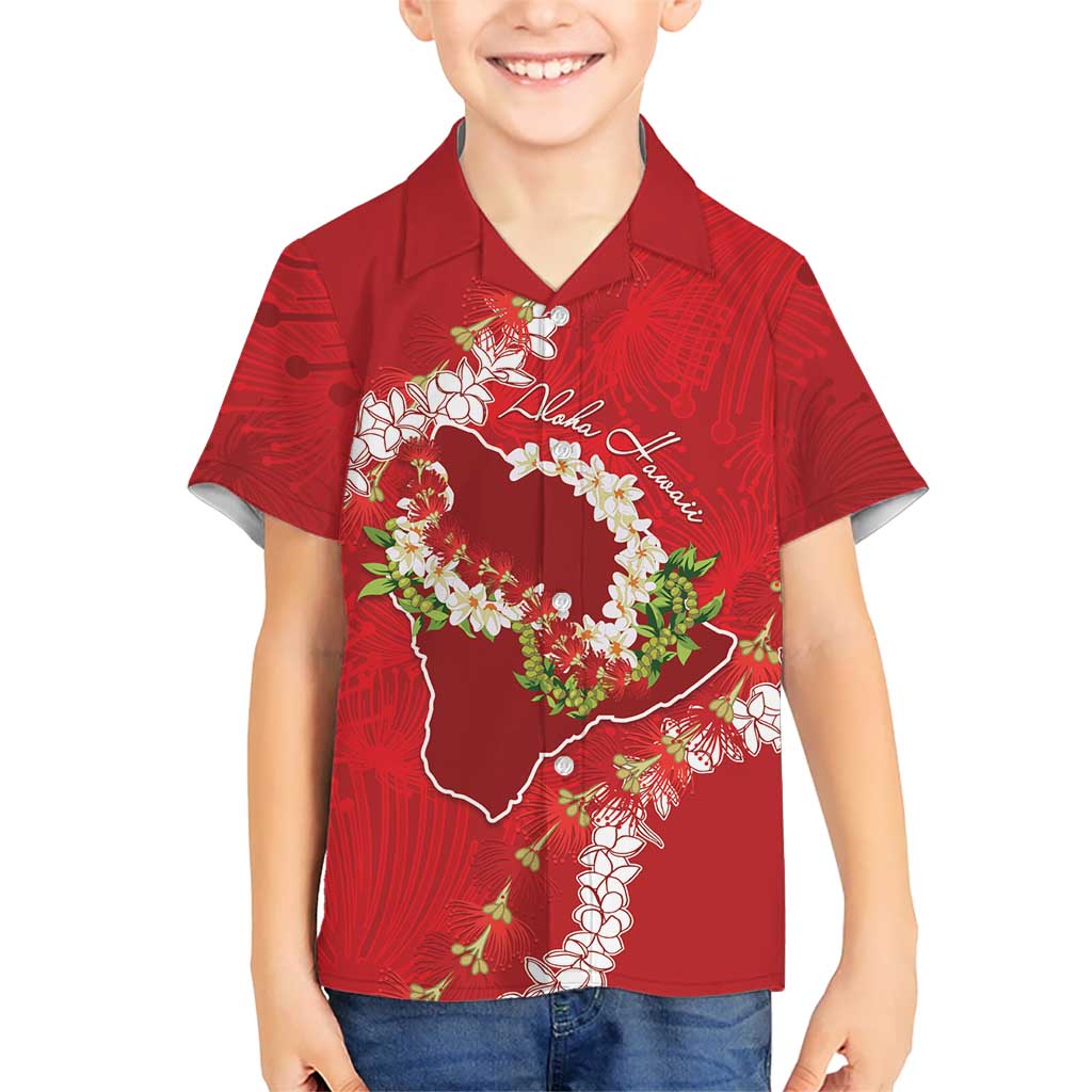 Hawaii Island Flowers Lei Family Matching Off The Shoulder Long Sleeve Dress and Hawaiian Shirt Ohia Lehua Scarlet Red LT7 Son's Shirt Red - Polynesian Pride
