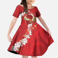 Hawaii Island Flowers Lei Family Matching Off Shoulder Short Dress and Hawaiian Shirt Ohia Lehua Scarlet Red LT7 Daughter's Dress Red - Polynesian Pride