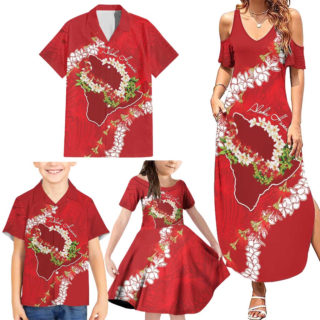 Hawaii Island Flowers Lei Family Matching Summer Maxi Dress and Hawaiian Shirt Ohia Lehua Scarlet Red LT7 - Polynesian Pride