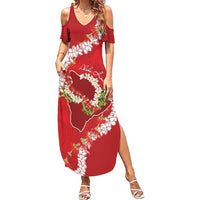 Hawaii Island Flowers Lei Family Matching Summer Maxi Dress and Hawaiian Shirt Ohia Lehua Scarlet Red LT7 Mom's Dress Red - Polynesian Pride