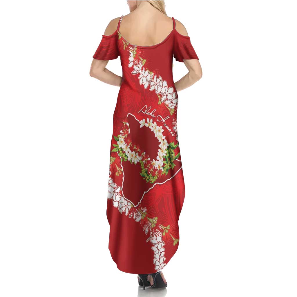 Hawaii Island Flowers Lei Family Matching Summer Maxi Dress and Hawaiian Shirt Ohia Lehua Scarlet Red LT7 - Polynesian Pride