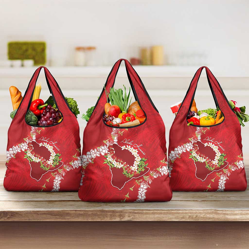 Hawaii Island Flowers Lei Grocery Bag Ohia Lehua Scarlet Red