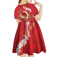 Hawaii Island Flowers Lei Kid Short Sleeve Dress Ohia Lehua Scarlet Red LT7 - Polynesian Pride