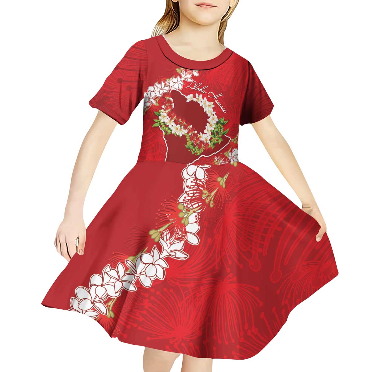 Hawaii Island Flowers Lei Kid Short Sleeve Dress Ohia Lehua Scarlet Red LT7 - Polynesian Pride