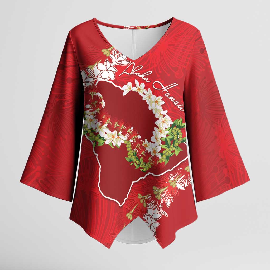 Hawaii Island Flowers Lei Kimono Sleeve Blouse Ohia Lehua Scarlet Red