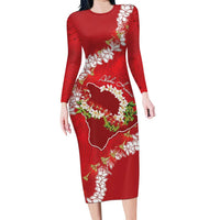 Hawaii Island Flowers Lei Long Sleeve Bodycon Dress Ohia Lehua Scarlet Red LT7 Long Dress Red - Polynesian Pride