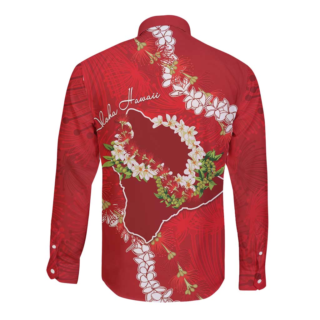 Hawaii Island Flowers Lei Long Sleeve Button Shirt Ohia Lehua Scarlet Red