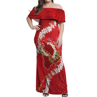 Hawaii Island Flowers Lei Off Shoulder Maxi Dress Ohia Lehua Scarlet Red LT7 Women Red - Polynesian Pride