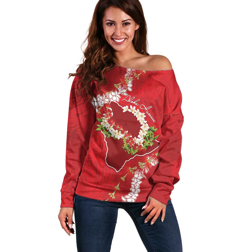 Hawaii Island Flowers Lei Off Shoulder Sweater Ohia Lehua Scarlet Red