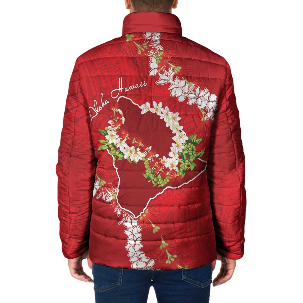Hawaii Island Flowers Lei Padded Jacket Ohia Lehua Scarlet Red