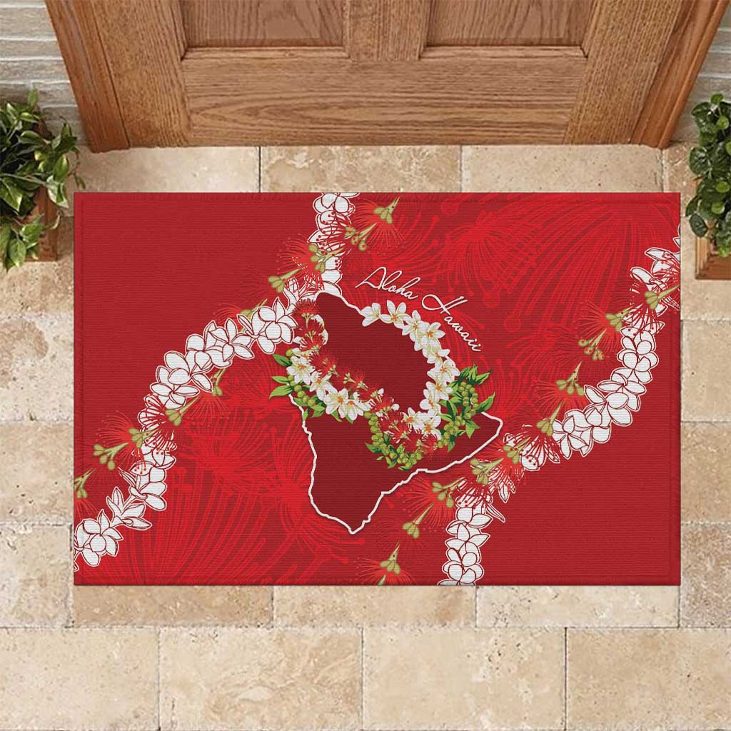 Hawaii Island Flowers Lei Rubber Doormat Ohia Lehua Scarlet Red