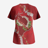Hawaii Island Flowers Lei Scrub Top Ohia Lehua Scarlet Red