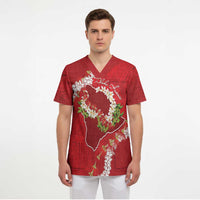 Hawaii Island Flowers Lei Scrub Top Ohia Lehua Scarlet Red
