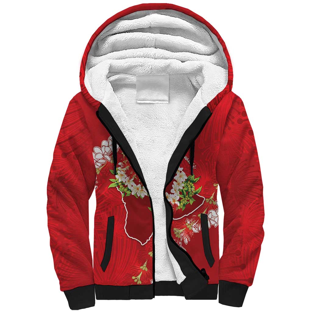 Hawaii Island Flowers Lei Sherpa Hoodie Ohia Lehua Scarlet Red LT7 Unisex Red - Polynesian Pride