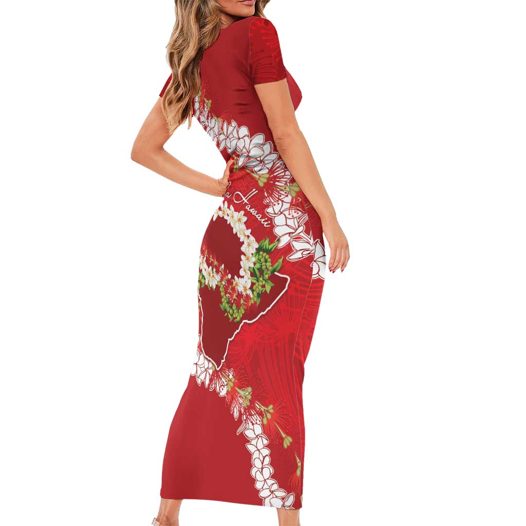 Hawaii Island Flowers Lei Short Sleeve Bodycon Dress Ohia Lehua Scarlet Red LT7 - Polynesian Pride