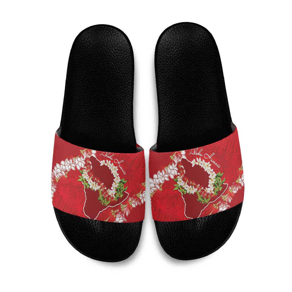 Hawaii Island Flowers Lei Slide Sandals Ohia Lehua Scarlet Red