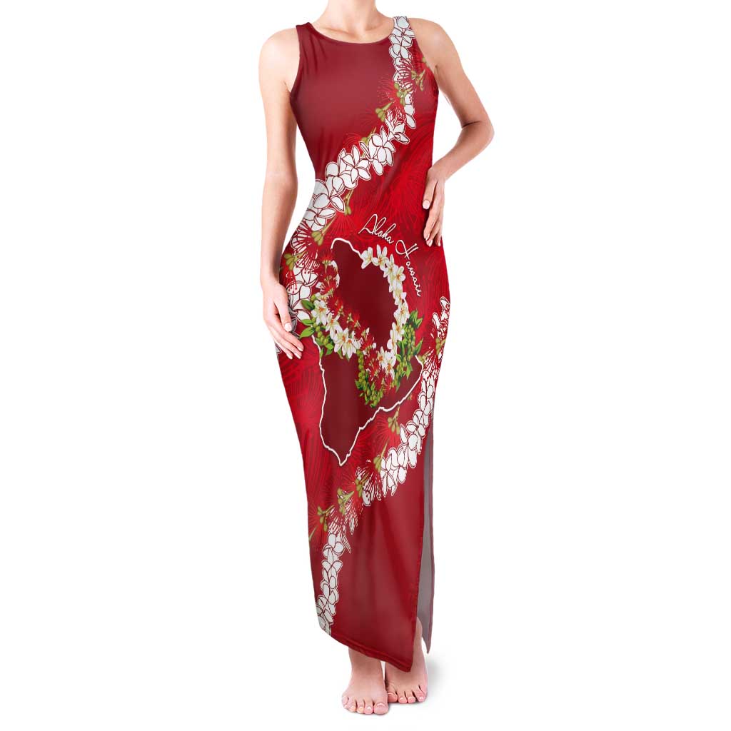 Hawaii Island Flowers Lei Tank Maxi Dress Ohia Lehua Scarlet Red LT7 Women Red - Polynesian Pride