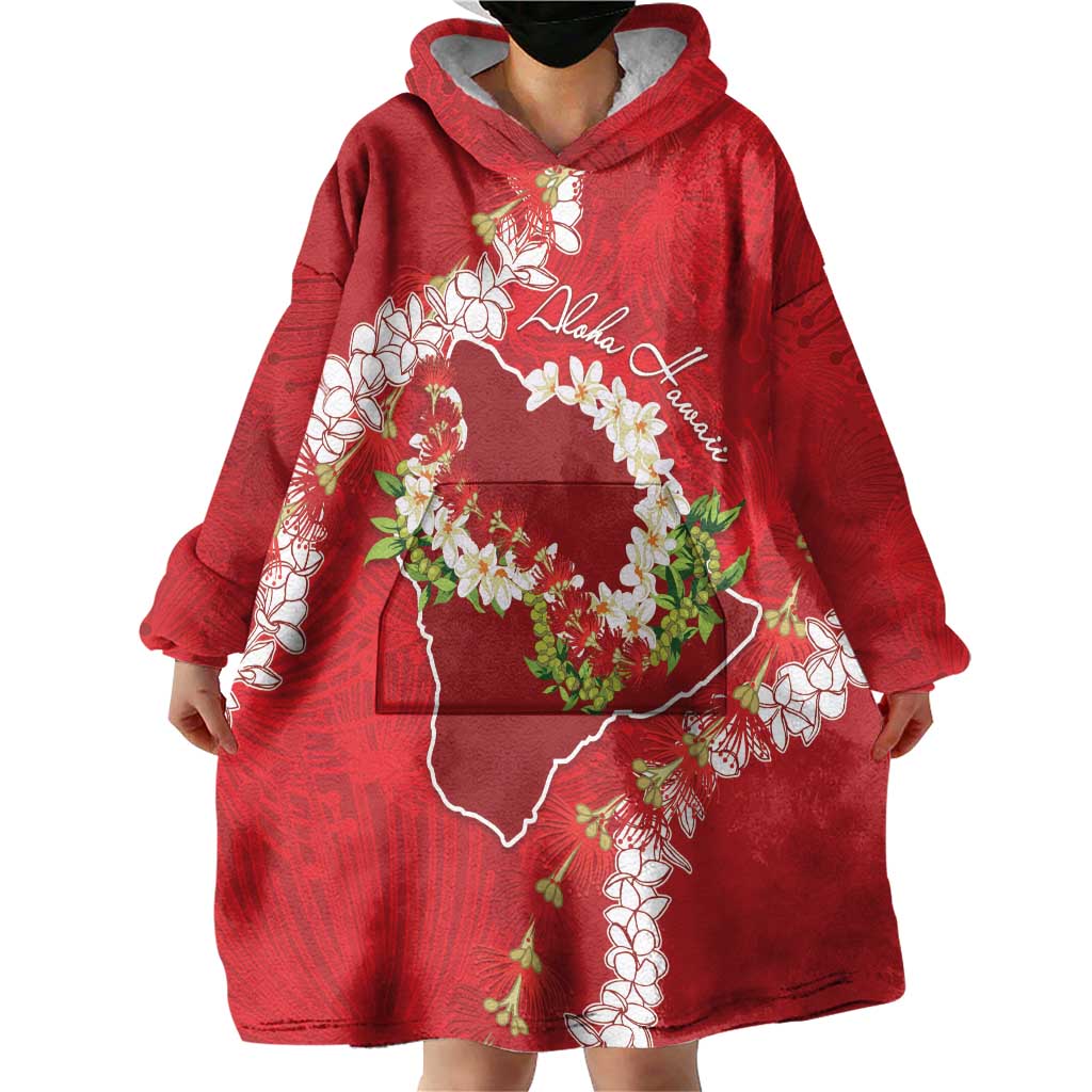 Hawaii Island Flowers Lei Wearable Blanket Hoodie Ohia Lehua Scarlet Red LT7 - Polynesian Pride