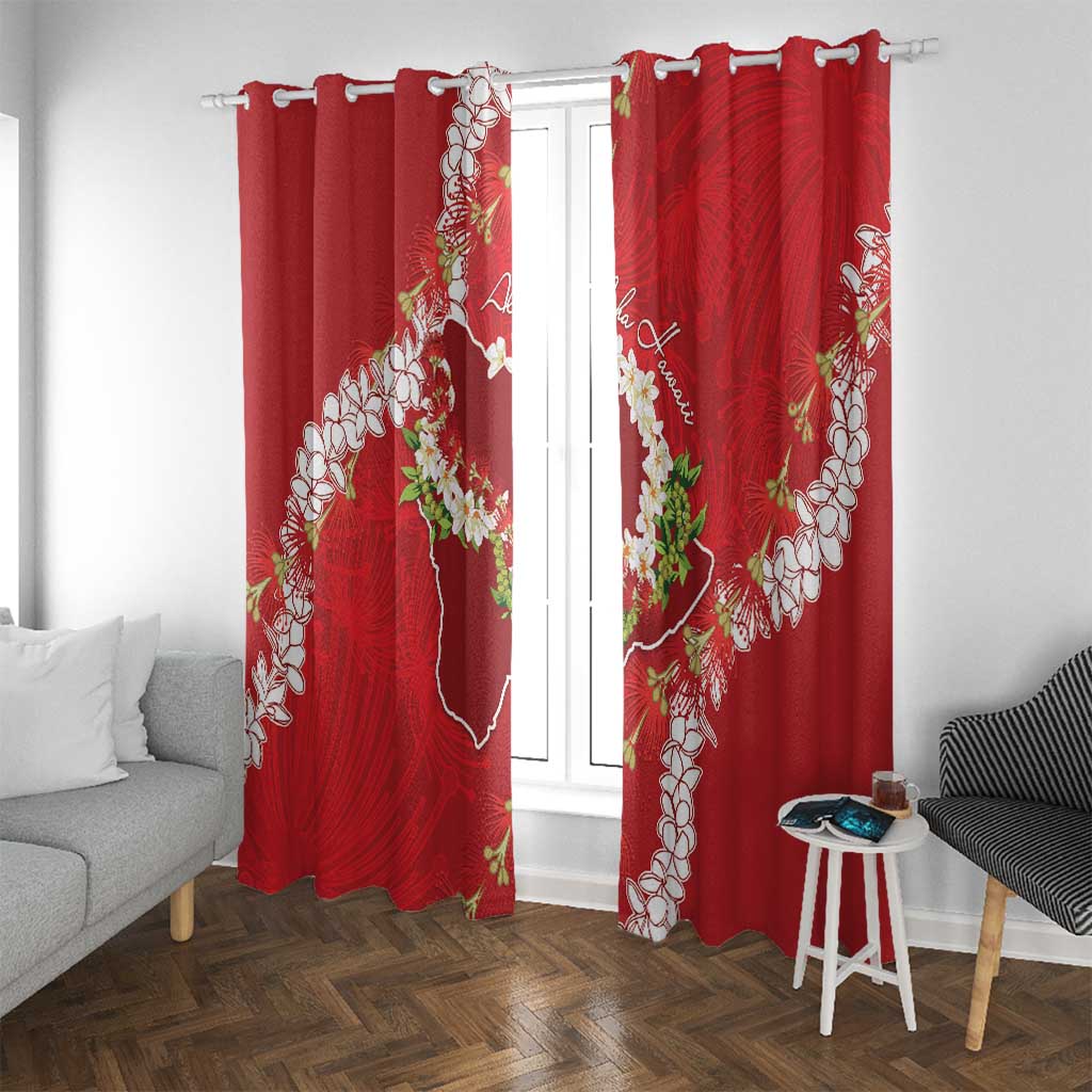 Hawaii Island Flowers Lei Window Curtain Ohia Lehua Scarlet Red LT7 With Grommets Red - Polynesian Pride