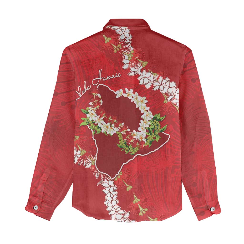 Hawaii Island Flowers Lei Women Casual Shirt Ohia Lehua Scarlet Red LT7 - Polynesian Pride
