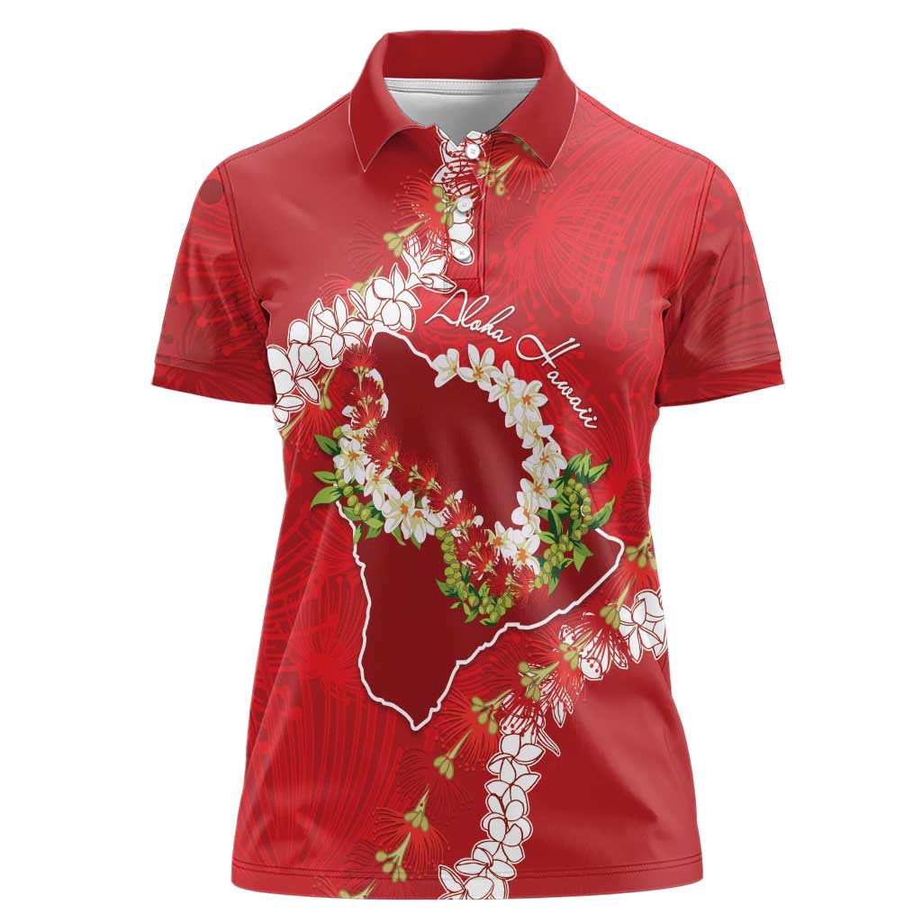 Hawaii Island Flowers Lei Women Polo Shirt Ohia Lehua Scarlet Red LT7 Female Red - Polynesian Pride