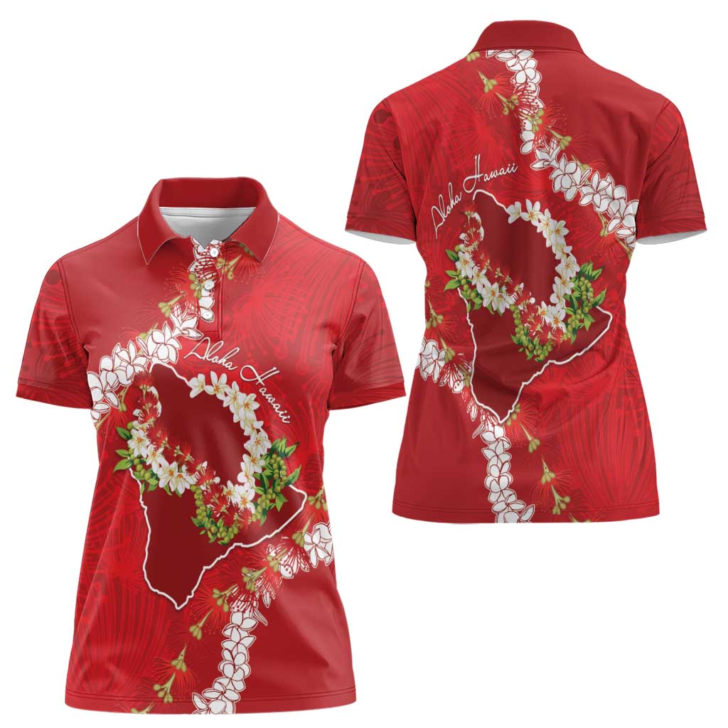 Hawaii Island Flowers Lei Women Polo Shirt Ohia Lehua Scarlet Red LT7 - Polynesian Pride
