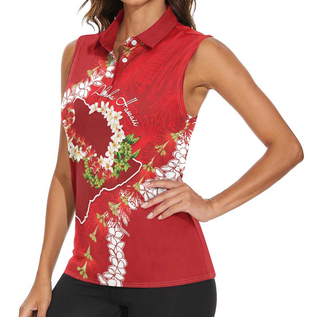 Hawaii Island Flowers Lei Women Sleeveless Polo Shirt Ohia Lehua Scarlet Red LT7 - Polynesian Pride