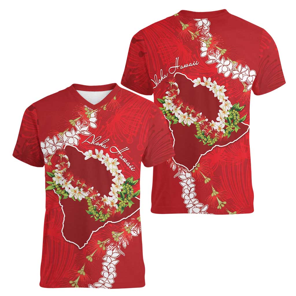 Hawaii Island Flowers Lei Women V-Neck T-Shirt Ohia Lehua Scarlet Red LT7 - Polynesian Pride