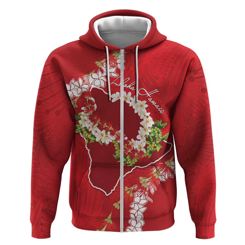 Hawaii Island Flowers Lei Zip Hoodie Ohia Lehua Scarlet Red