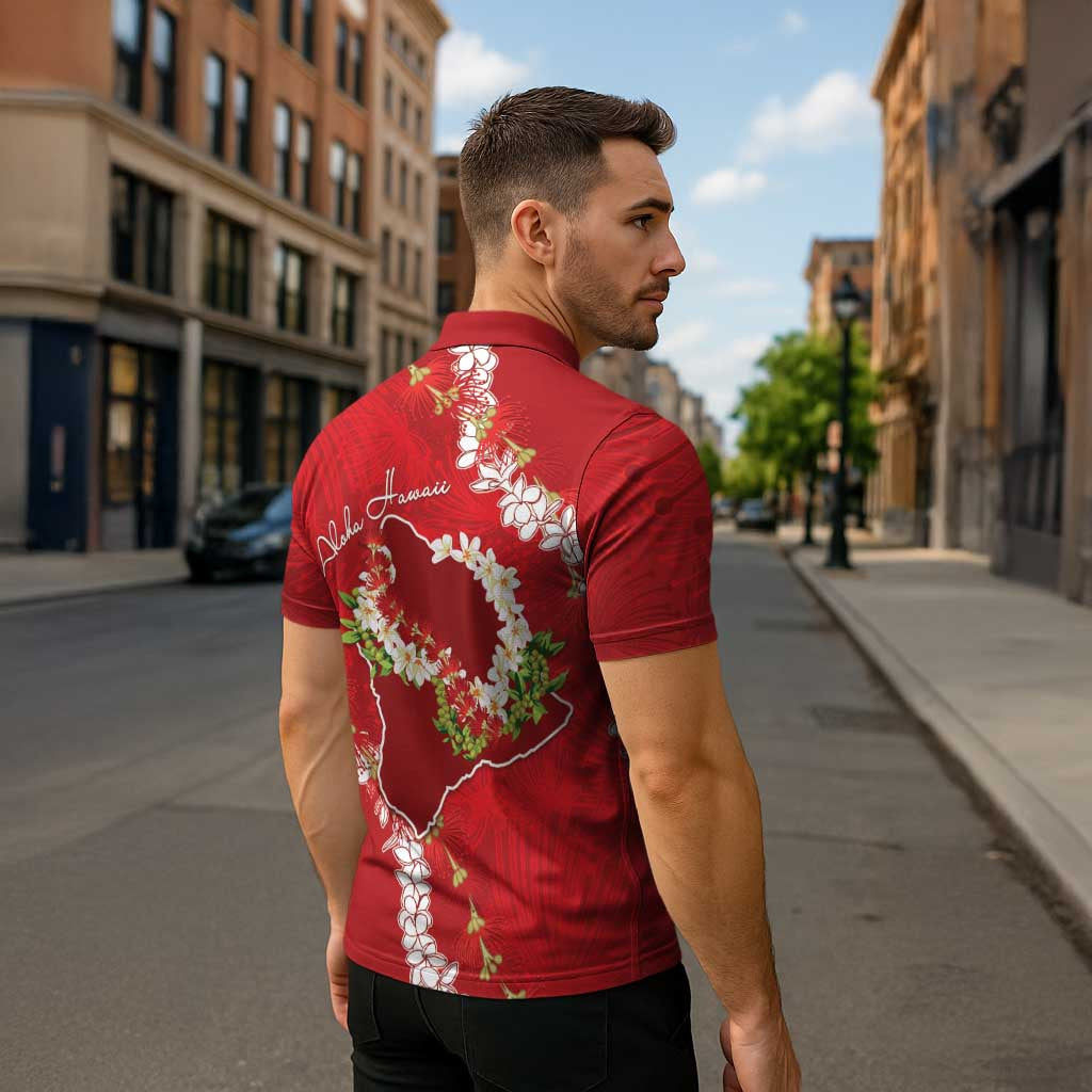 Hawaii Island Flowers Lei Zipper Polo Shirt Ohia Lehua Scarlet Red LT7 - Polynesian Pride