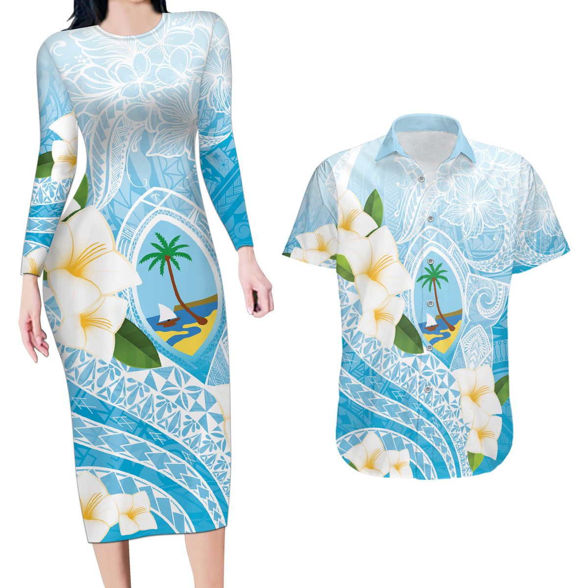Guam Chamorro Guasali Flowers Couples Matching Long Sleeve Bodycon Dress and Hawaiian Shirt Aqua Gradient LT7 Aquamarine - Polynesian Pride