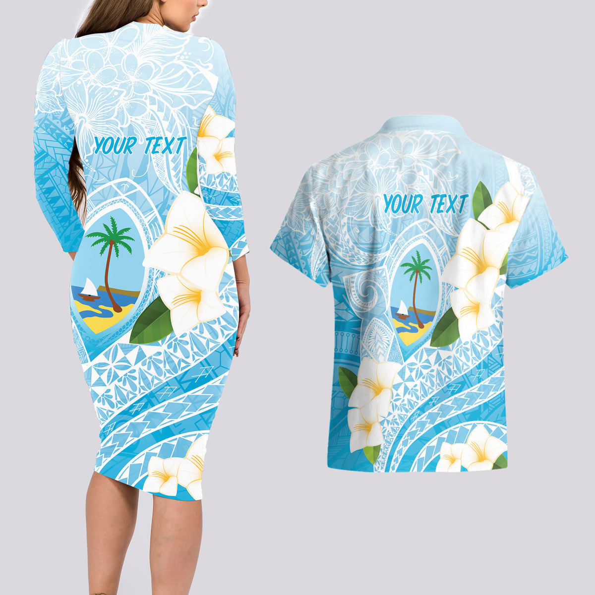 Guam Chamorro Guasali Flowers Couples Matching Long Sleeve Bodycon Dress and Hawaiian Shirt Aqua Gradient LT7 - Polynesian Pride
